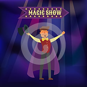 Magic show vector illustration. Wizard magical illusionist shows tricks on violet magic background. Circus magician