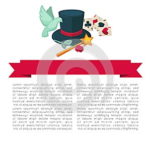 Magic show vector poster design of magician trick equipment hat, wand and cards