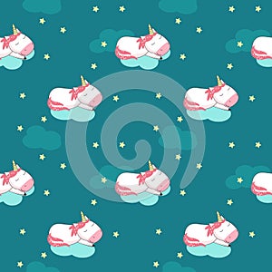 Magic sleeping unicorn vector seamless pattern