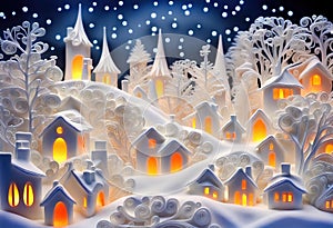 Magic snowy winterland with fairy houses and fantasy winter landscape