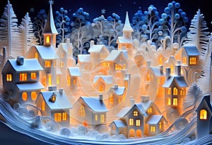 Magic snowy winterland with fairy houses and fantasy winter landscape