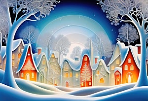 Magic snowy winterland with fairy houses and fantasy winter landscape