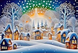 Magic snowy winterland with fairy houses and fantasy winter landscape