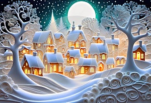 Magic snowy winterland with fairy houses and fantasy winter landscape