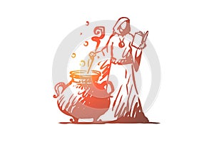 Magic, sorcerer, brew, potion concept. Hand drawn isolated vector.