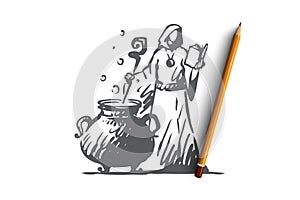 Magic, sorcerer, brew, potion concept. Hand drawn isolated vector.