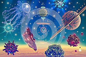 Magic space landscape with fantasy planets, stars, sun, galaxies, asteroids, nebulas over deep blue cosmic sky background.