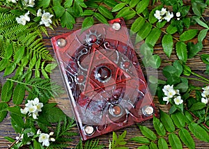 Magic spell book of green witch with herbs on altar table