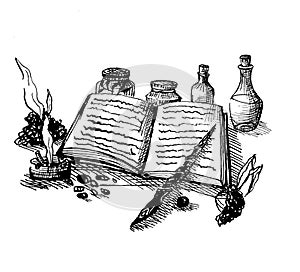 Magic spell book ink illustration