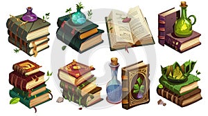 Magic spell books, fantasy alchemy grimoires, and closed wizard diaries. Witchcraft fairy tale game ancient gui objects