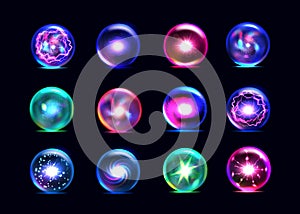 Magic spheres. Crystal prediction ball, colorful orb, fantasy energy effect, circle glass globe, spiritual glow, shine