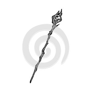 Magic staff or stick with crystal ball. Antique esoteric weapon for wizardry and witchcraft. Black and white photo