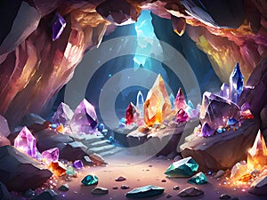 magic stone cave with glowing lights and glowing crystals in crystal cave