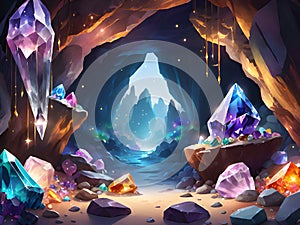 magic stone cave with glowing lights and glowing crystals in crystal cave