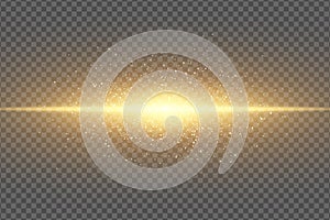 Magic stylish light effect on a transparent background. Abstract golden flash. Glowing flying dust. Neon gold line. Shimmering