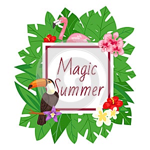 Magic summer background. Beach design, jungle banner vector illustration. Pink flamingo and tropical palm tree leaves