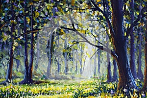 In the magic sun forest acrylic painting sunny park forest
