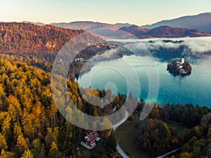 Magic sunrise over foggy Blad lake and castle,Slovenia