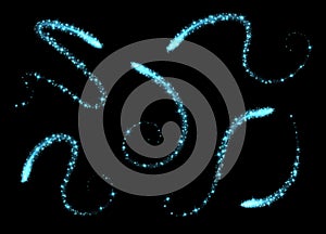 Magic swirls collection, blue light trails with sparkles, glowing light effect, shiny stardust isolated on black.