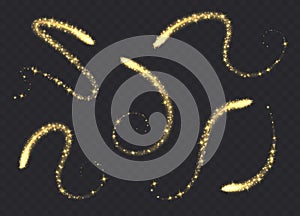 Magic swirls collection isolated on transparent background. Golden light trails with sparkles.