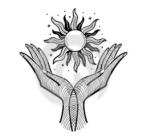 Magic symbol with two palms and sun, magic boho style design, tattoo, engraving. Linear drawing for astrology, palmistry