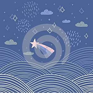 magic tale card banner design abstract scales comet, night sky, clouds and stars, simple Nature doodle lines scandinavian style