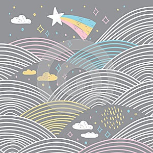 magic tale card banner design abstract scales comet, night sky, clouds stars, simple Nature doodle lines scandinavian style