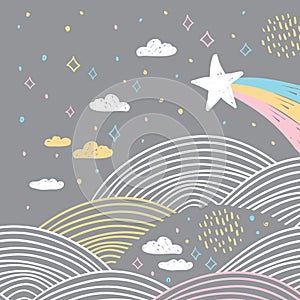 magic tale card banner design abstract scales comet, night sky, clouds stars, simple Nature doodle lines scandinavian style