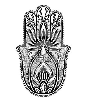 Magic Talisman hamsa religion Asian. Black color graphic in white background .Tattoo motif