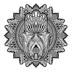 Magic Talisman hamsa religion Asian mandala. Black color graphic in white background .Tattoo motif