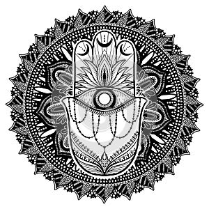 Magic Talisman hamsa religion Asian mandala. Black color graphic in white background .Tattoo motif