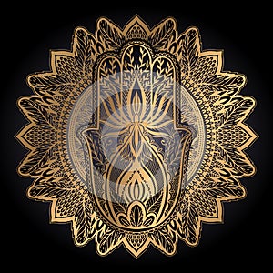 Magic Talisman hamsa religion Asian mandala. Gold color graphic in black background .Tattoo motif