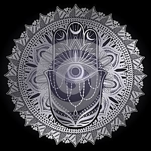 Magic Talisman hamsa religion Asian mandala. Silver color graphic in black background .Tattoo motif