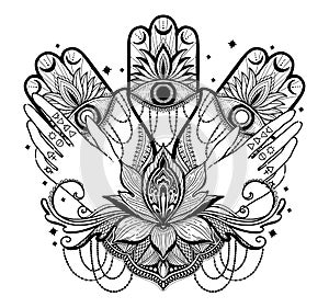 Magic Talisman religion Asian and hand,lotus flower. Black color graphic in white background. Butterfly moth mandala illustration