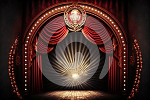 Magic theater stage red curtains show spotlight, creative digital illustration painting