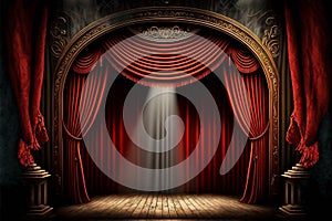 Magic theater stage red curtains show spotlight, digital illustration painting