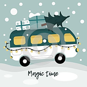 Winter card with bus about magic time