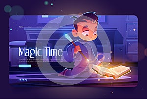 Magic time cartoon landing page. Little wizard