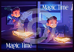 Magic time flyers with boy with spell book