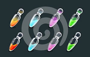 Magic transparent multi-colored vials, in vector