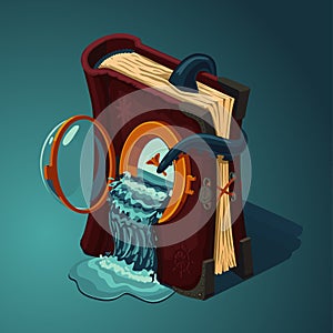 Magic travel book. Cartoon style. Game design concept. Diary of ocean voyages.