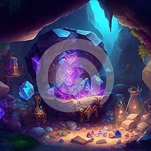 Magic treasure full of sparkling crystals and diamonds in a hidden cave. Shiny stones. diamond treasure photo