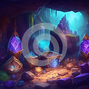 Magic treasure full of sparkling crystals and diamonds in a hidden cave. Shiny stones. diamond treasure photo