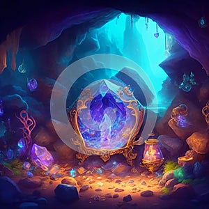 Magic treasure full of sparkling crystals and diamonds in a hidden cave. Shiny stones. diamond treasure photo