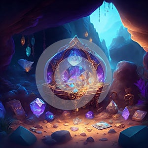 Magic treasure full of sparkling crystals and diamonds in a hidden cave. Shiny stones. diamond treasure photo