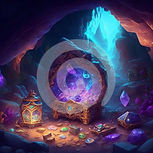 Magic treasure full of sparkling crystals and diamonds in a hidden cave. Shiny stones. diamond treasure photo
