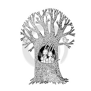 Magic Tree and cute rabbits. Vector illustration.