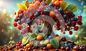 Magic Tree with Juicy Berries and Fresh Fruits Illustraion