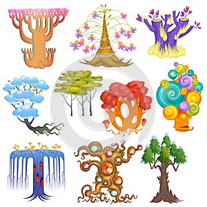 Magic tree vector fantasy forest with cartoon treetops and magical plants or fairy flowers illustration forestry set of