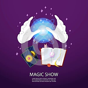 Un mago manifesto realistico mago Magia un libro guanti carte un incandescente sfera sul 